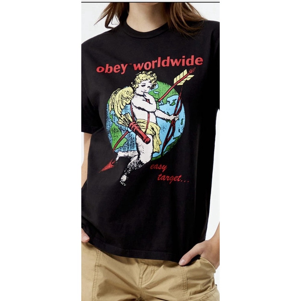 Women's Medium Black Relaxed Fit Obey Cherub Easy Target Graphic Tee Punk Skate
